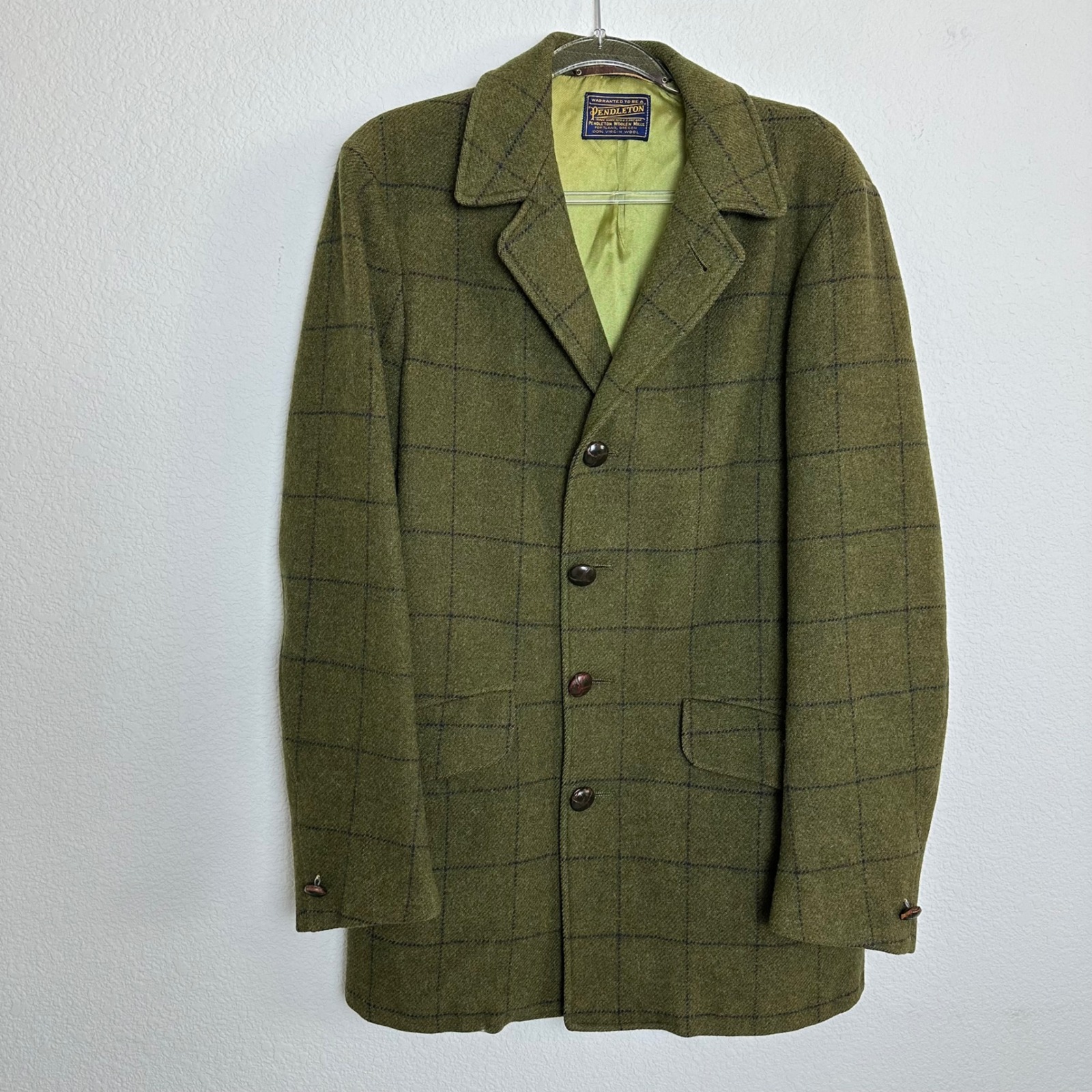 Pendleton Vintage Mens Olive Green Windowpane 100% Virgin Wool Field Coat Jacket